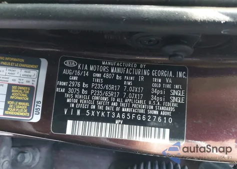 2015 Kia Sorento Lx z USA, uszkodzony, nr VIN 5XYKT3A65FG627610